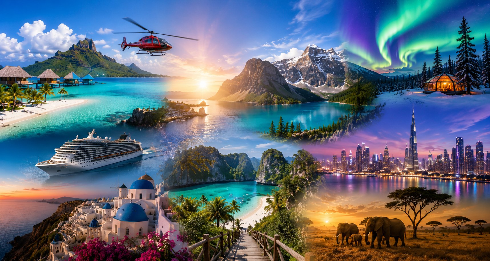 Global travel destinations at golden hour — beaches, mountains and cities